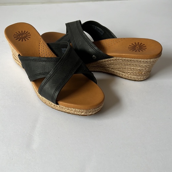 Ugg Sandal Black Leather Wedge New 6 - Picture 2 of 12